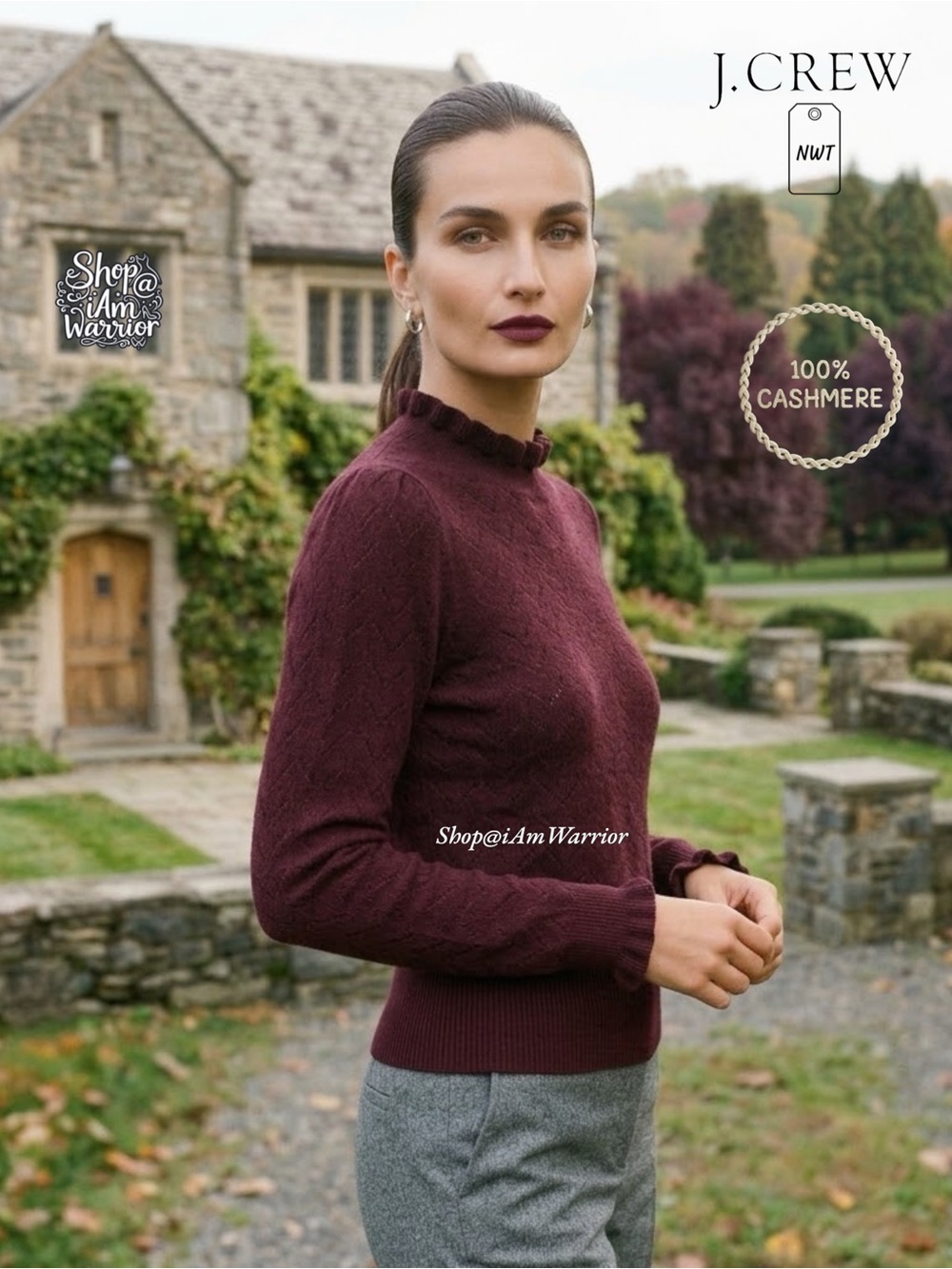 J.Crew NWT 100% Cashmere Burgundy Merlot Pointelle Ruffle Sleeve & Cuff Sweater